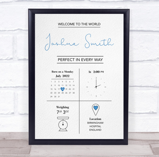 New Baby Birth Details Nursery Christening Welcome Boy Keepsake Gift Print