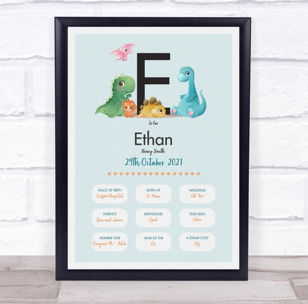New Baby Birth Details Christening Nursery Dinosaur Initial E Gift Print