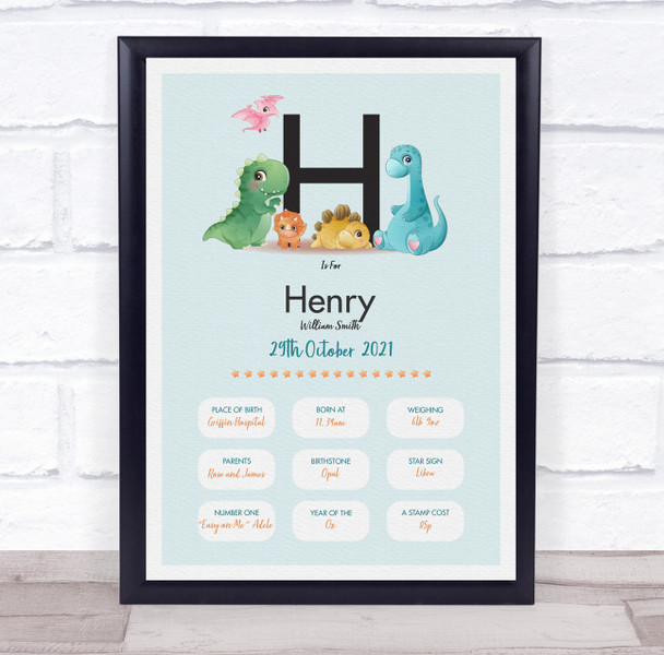 New Baby Birth Details Christening Nursery Dinosaur Initial H Gift Print