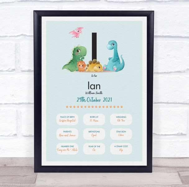 New Baby Birth Details Christening Nursery Dinosaur Initial I Gift Print