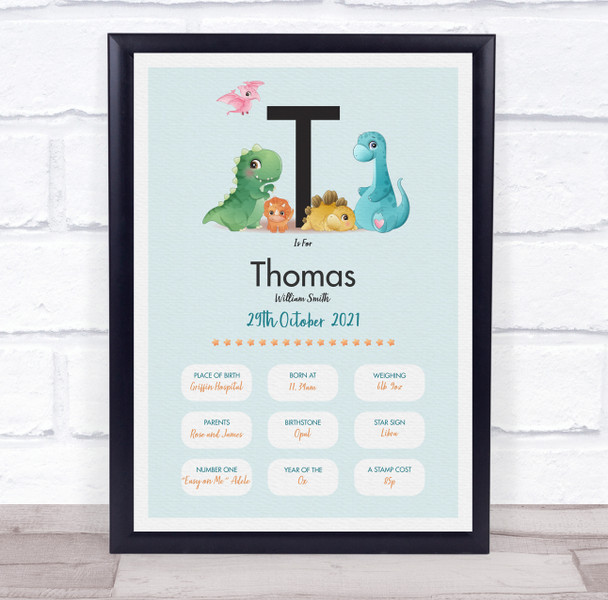 New Baby Birth Details Christening Nursery Dinosaur Initial T Gift Print