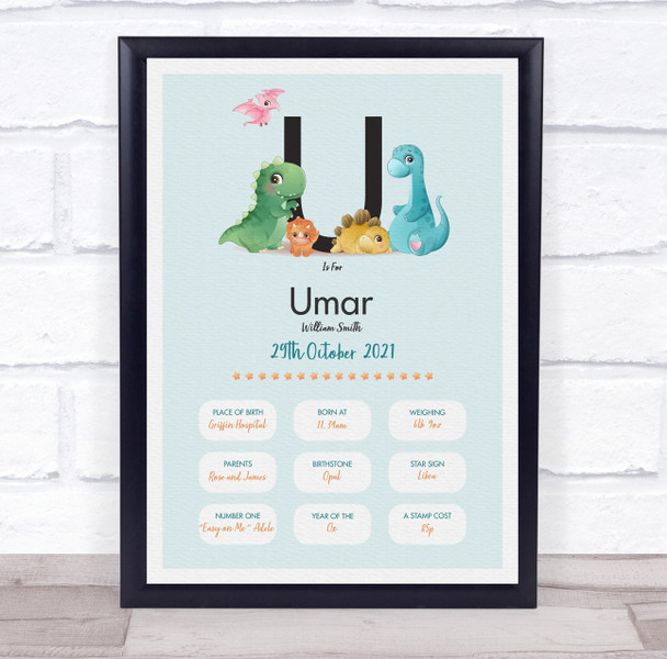 New Baby Birth Details Christening Nursery Dinosaur Initial U Gift Print