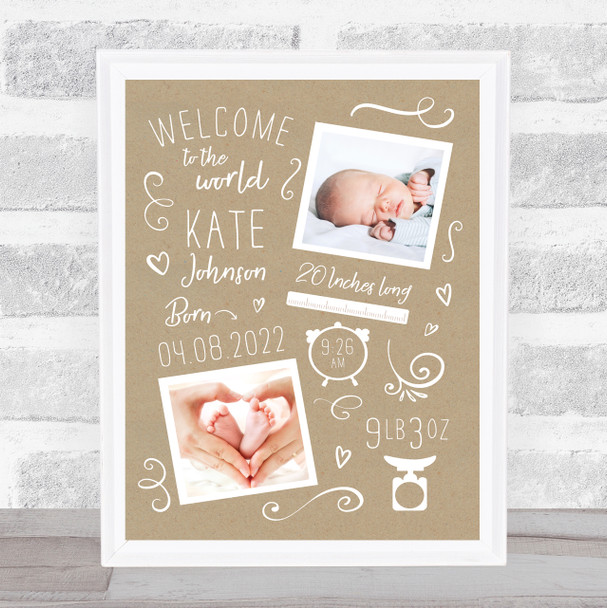 New Baby Birth Details Typographic Doodle 2 Photos Neutral Keepsake Gift Print