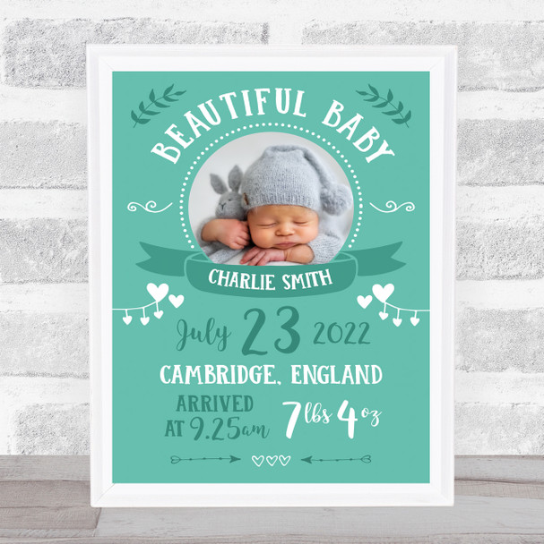 New Baby Birth Details Nursery Christening Green Photo Typographic Gift Print