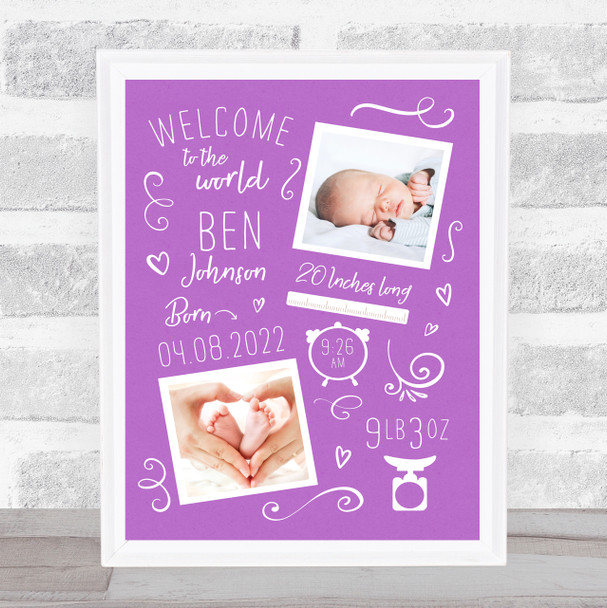 New Baby Birth Details Typographic Doodle 2 Photos Purple Keepsake Gift Print
