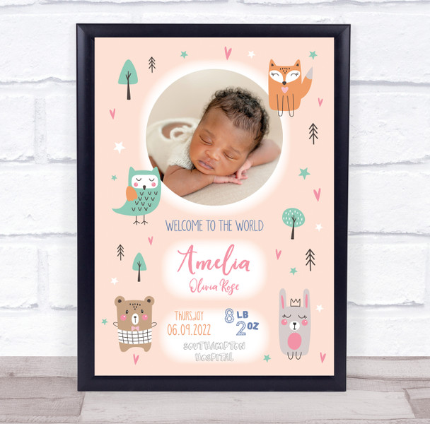 New Baby Birth Details Nursery Christening Woodland Animals Photo Gift Print