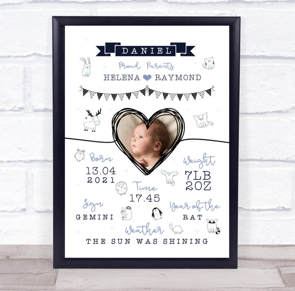 New Baby Birth Details Christening Nursery Blue Photo Keepsake Gift Print