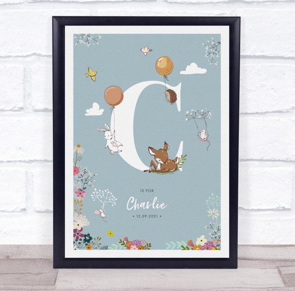 New Baby Birth Details Christening Nursery Woodland Animals Initial C Gift Print