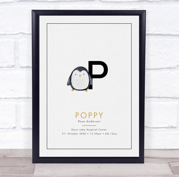 New Baby Birth Details Christening Nursery Initial Penguin P Keepsake Gift Print