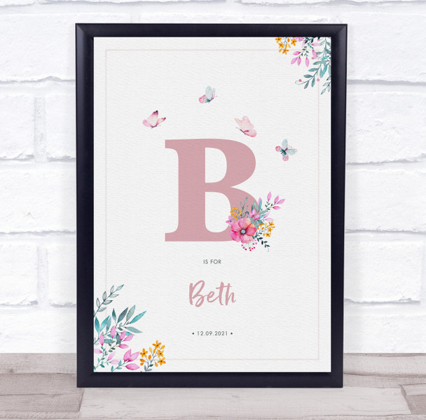 Pink Initial B Watercolour Flowers Baby Birth Details Nursery Christening Print