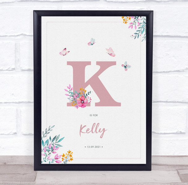 Pink Initial K Watercolour Flowers Baby Birth Details Nursery Christening Print