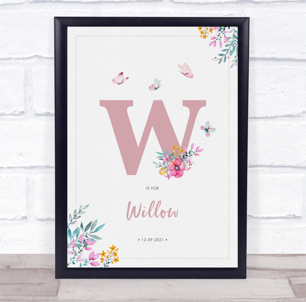 Pink Initial W Watercolour Flowers Baby Birth Details Nursery Christening Print