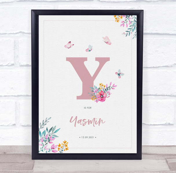 Pink Initial Y Watercolour Flowers Baby Birth Details Nursery Christening Print