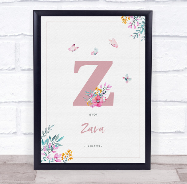 Pink Initial Z Watercolour Flowers Baby Birth Details Nursery Christening Print