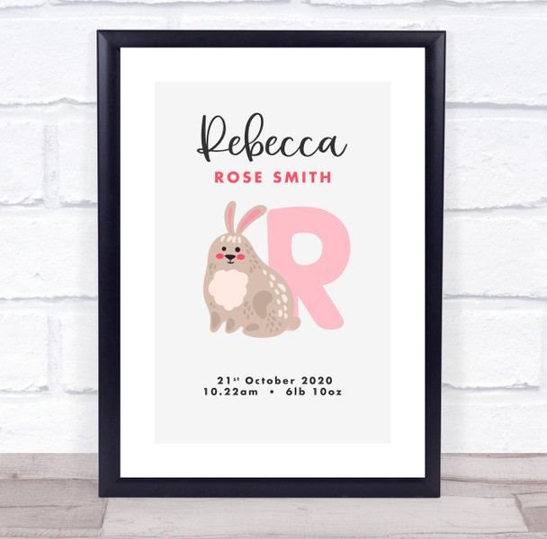 New Baby Birth Details Christening Nursery Initial R Rabbit Keepsake Gift Print