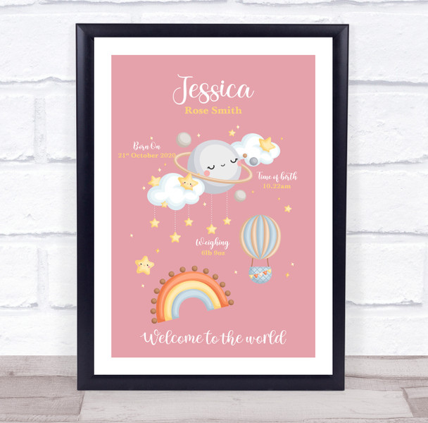 New Baby Birth Details Christening Nursery Pink Moon Clouds Keepsake Gift Print