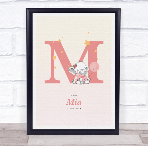 Pink Baby Girl Elephant Initial M Baby Birth Details Nursery Christening Print