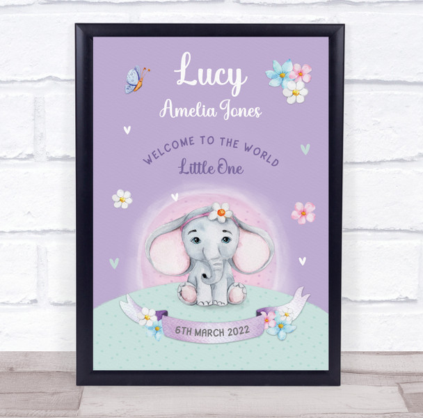 Elephant Purple New Baby Birth Details Nursery Christening Keepsake Gift Print