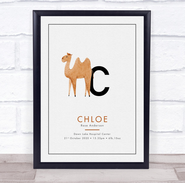 New Baby Birth Details Christening Nursery Initial C Camel Keepsake Gift Print