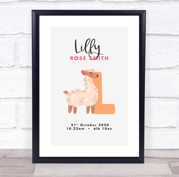 New Baby Birth Details Christening Nursery Initial L Llama Keepsake Gift Print