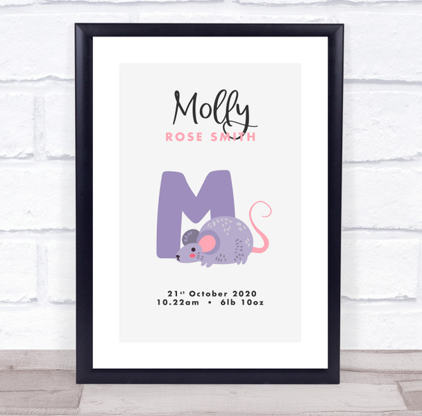 New Baby Birth Details Christening Nursery Initial M Mouse Keepsake Gift Print