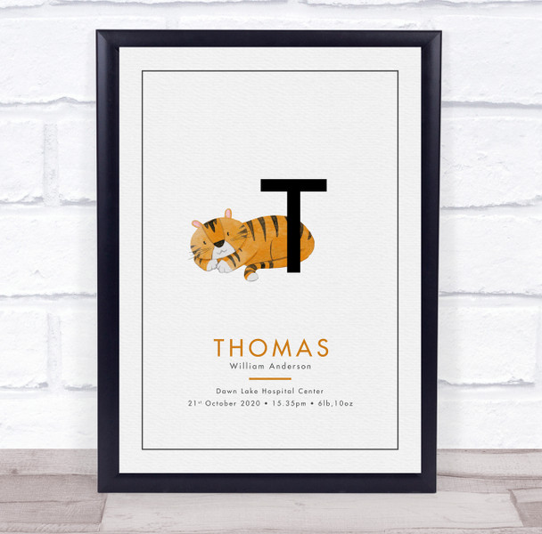 New Baby Birth Details Christening Nursery Initial Tiger T Keepsake Gift Print