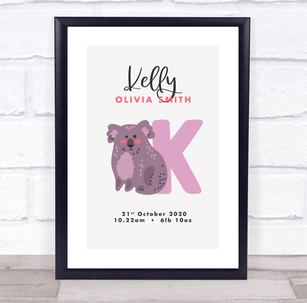 New Baby Birth Details Christening Nursery Koala Initial K Keepsake Gift Print