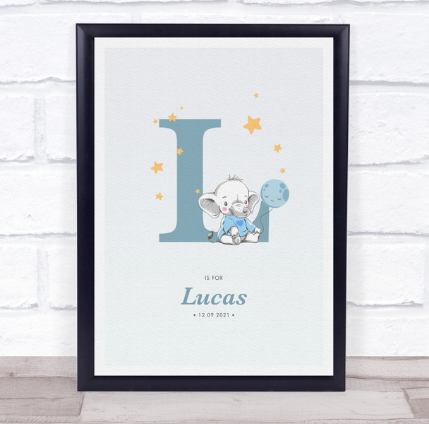 New Baby Birth Details Christening Nursery Blue Elephant Initial L Gift Print