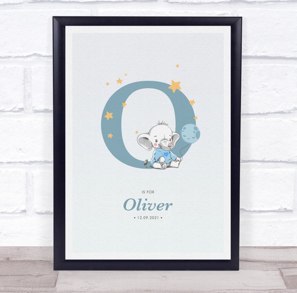 New Baby Birth Details Christening Nursery Blue Elephant Initial O Gift Print