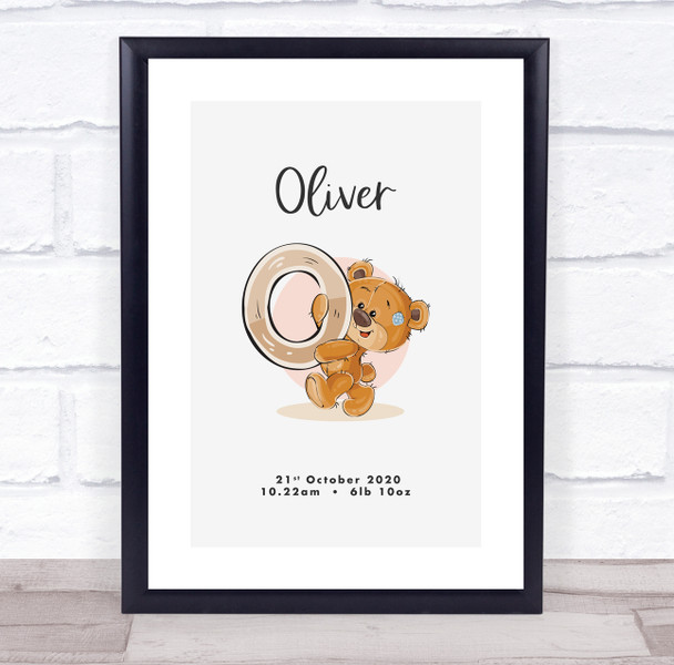 New Baby Birth Details Christening Nursery Bear Initial O Keepsake Gift Print