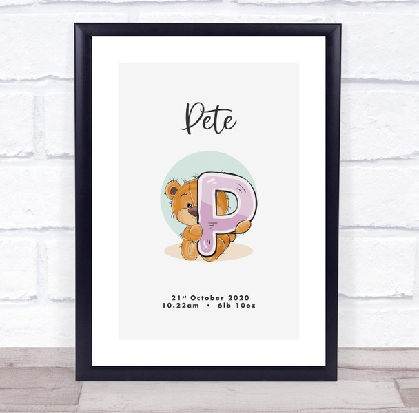 New Baby Birth Details Christening Nursery Bear Initial P Keepsake Gift Print