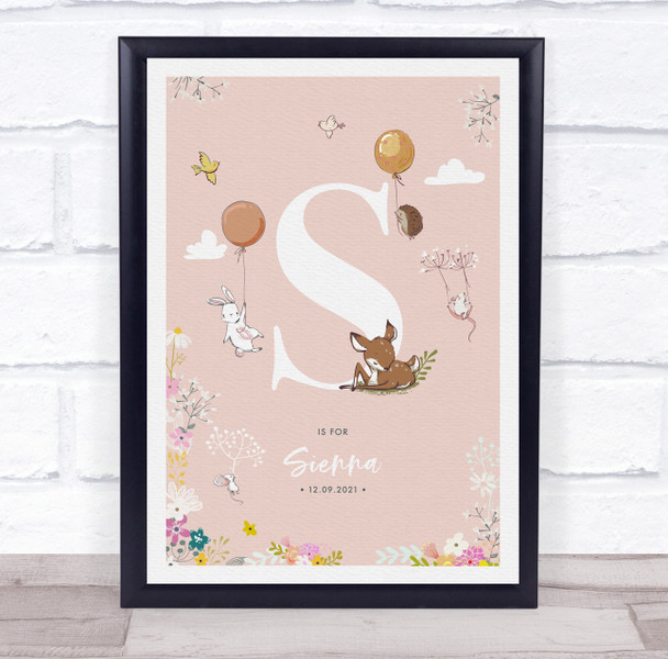 Baby Birth Details Nursery Christening Woodland Animals Pink Initial S Print