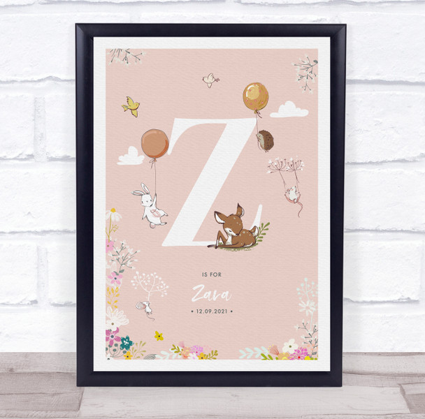 Baby Birth Details Nursery Christening Woodland Animals Pink Initial Z Print