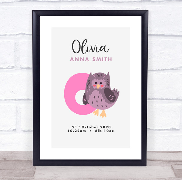 New Baby Birth Details Christening Nursery Initial O Owl Keepsake Gift Print