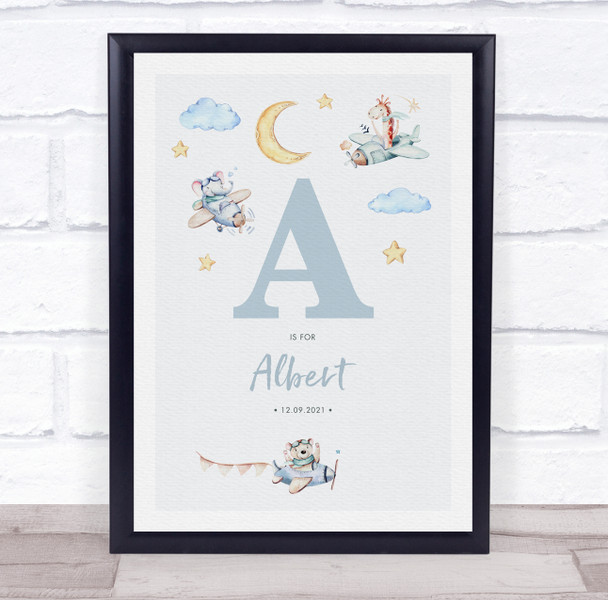 New Baby Birth Details Nursery Christening Blue Planes Initial A Gift Print
