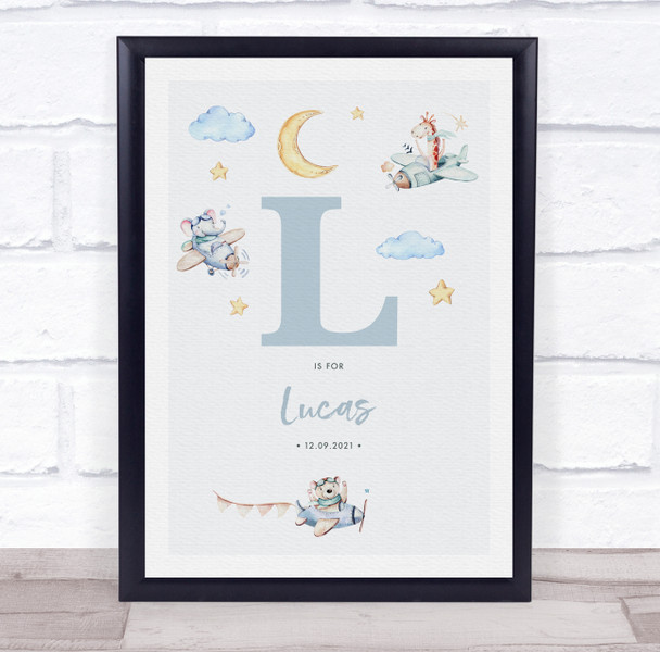 New Baby Birth Details Nursery Christening Blue Planes Initial L Gift Print