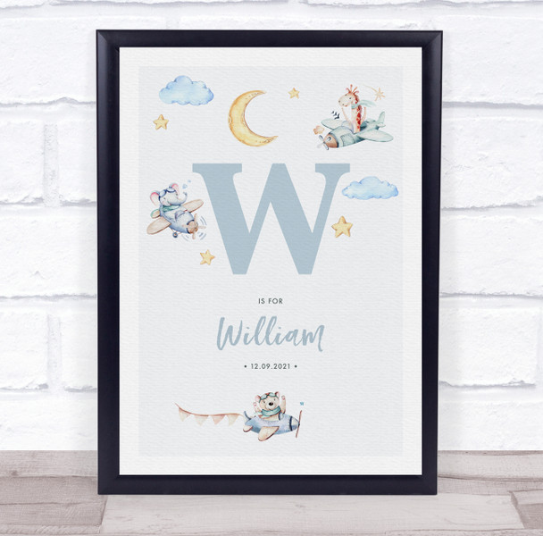 New Baby Birth Details Nursery Christening Blue Planes Initial W Gift Print
