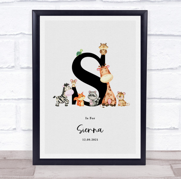 New Baby Birth Details Nursery Jungle Animals Initial S Keepsake Gift Print