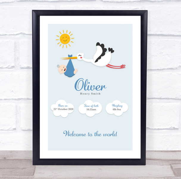 New Baby Birth Details Christening Nursery Stork Light Skin Boy Gift Print