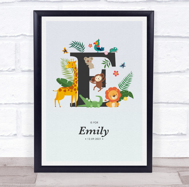 Jungle Animals Initial E Baby Birth Details Nursery Christening Gift Print