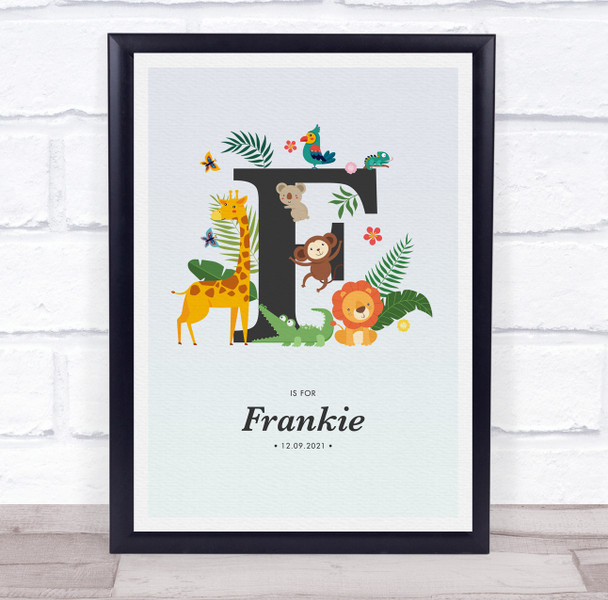 Jungle Animals Initial F Baby Birth Details Nursery Christening Gift Print