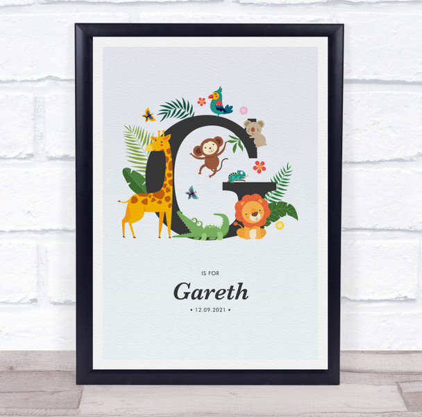 Jungle Animals Initial G Baby Birth Details Nursery Christening Gift Print