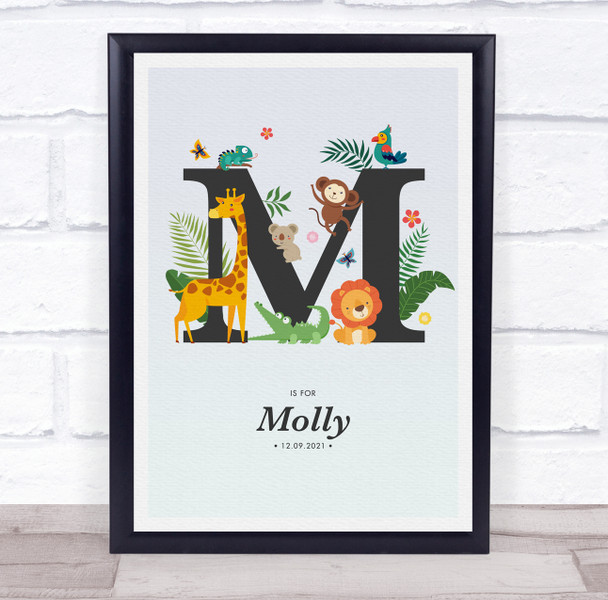 Jungle Animals Initial M Baby Birth Details Nursery Christening Gift Print