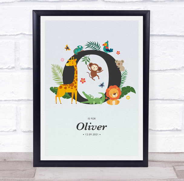 Jungle Animals Initial O Baby Birth Details Nursery Christening Gift Print