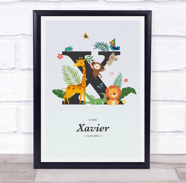 Jungle Animals Initial X Baby Birth Details Nursery Christening Gift Print