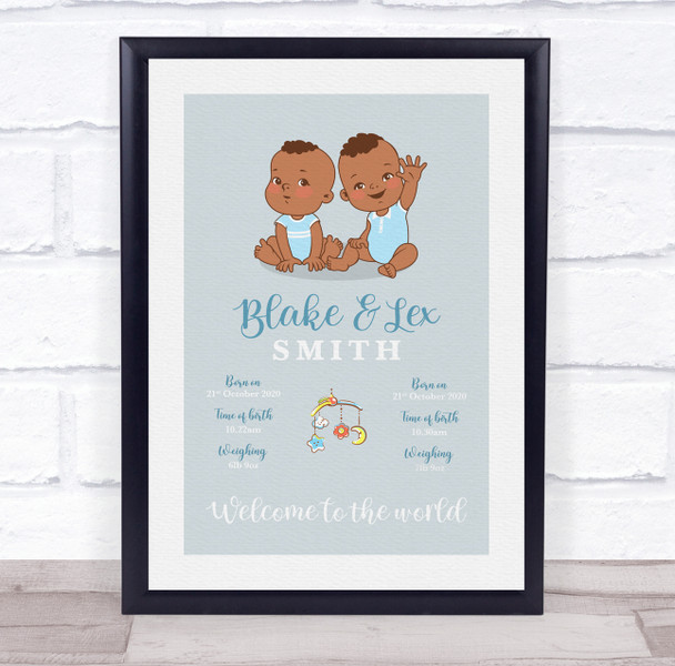 New Baby Birth Details Christening Nursery Dark Skin Boy Twins Gift Print