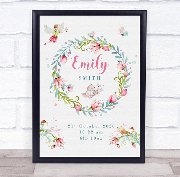 New Baby Birth Details Christening Nursery Fairy Floral Wreath Gift Print