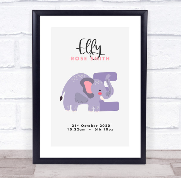 New Baby Birth Details Christening Nursery Initial Elephant E Gift Print