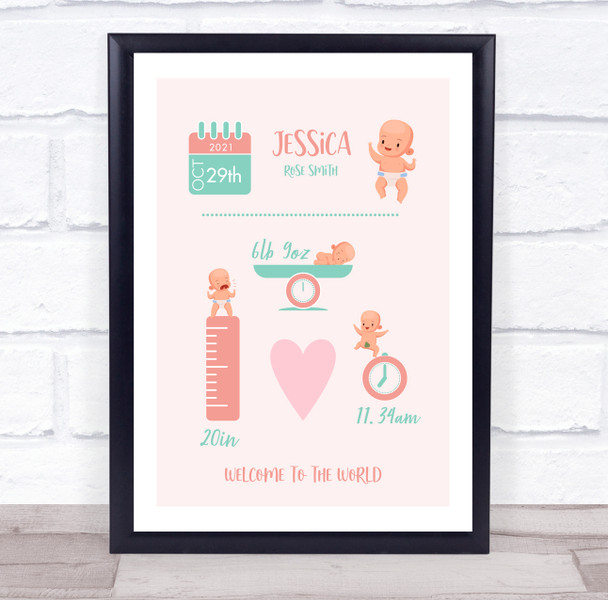 New Baby Birth Details Christening Nursery Cute Girl Keepsake Gift Print