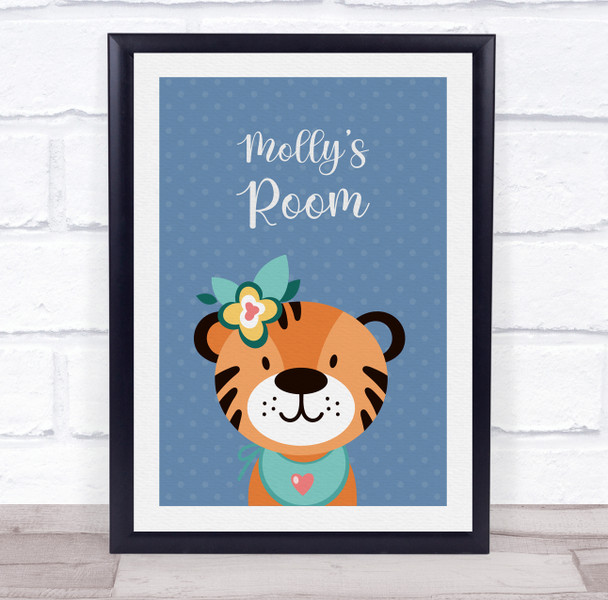 Tiger With Flowers Blue Personalised Children's Wall Art Print